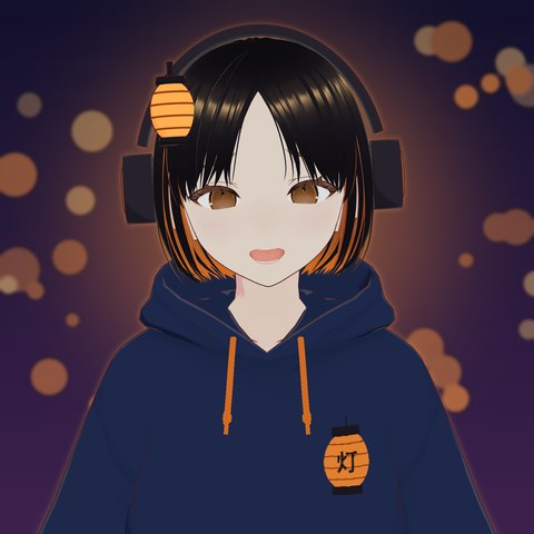 Akari Asahina, a girl with a black bob, orange inner color, headphones and a lantern hairpin